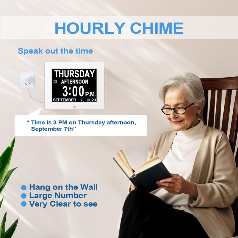 Jall ã€New 2024ã€‘ Digital Calendar Alarm Day Clock - with 8" Large Screen Display, am pm, Multiple Alarms, for Impaired Vision People, The Aged Seniors, The Dementia, for Desk, Wall Mounted, - Image 4
